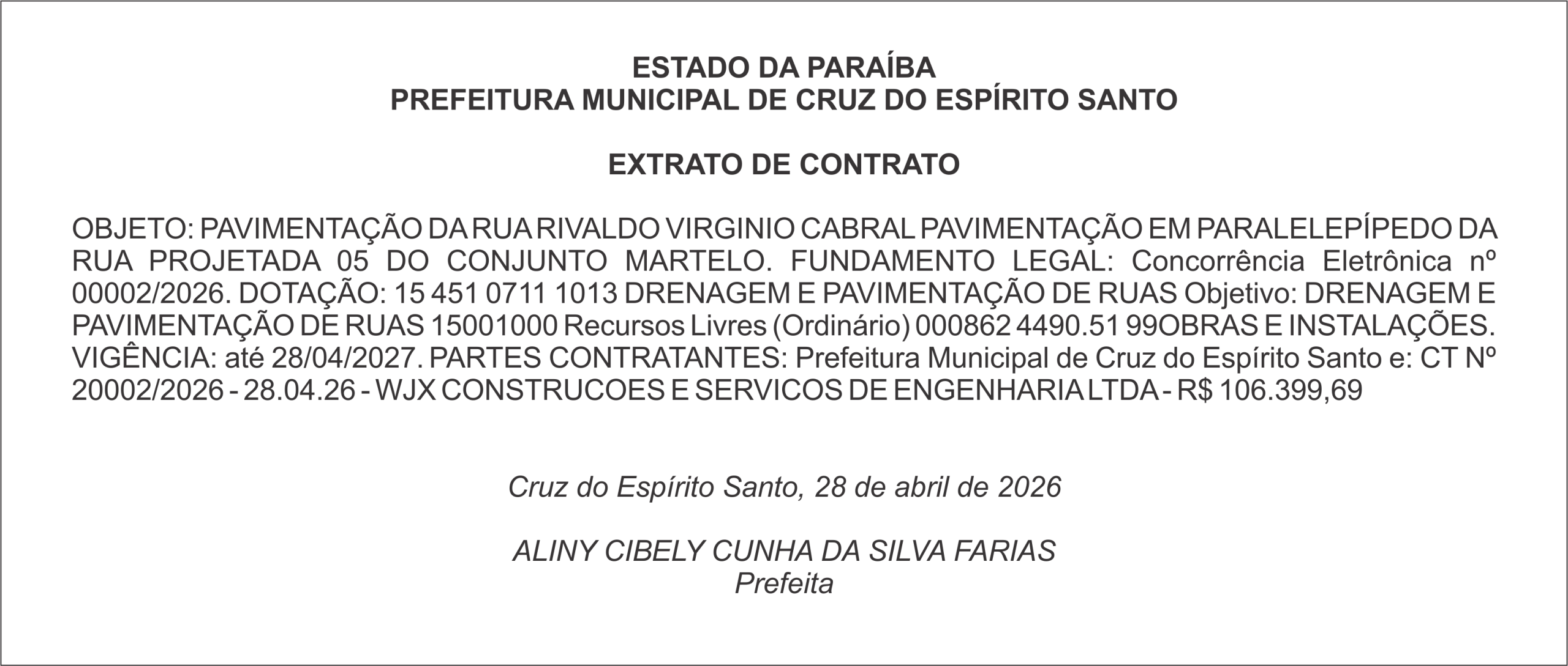 PREFEITURA MUNICIPAL DE CRUZ DO ESPÍRITO SANTO – EXTRATO DE CONTRATO