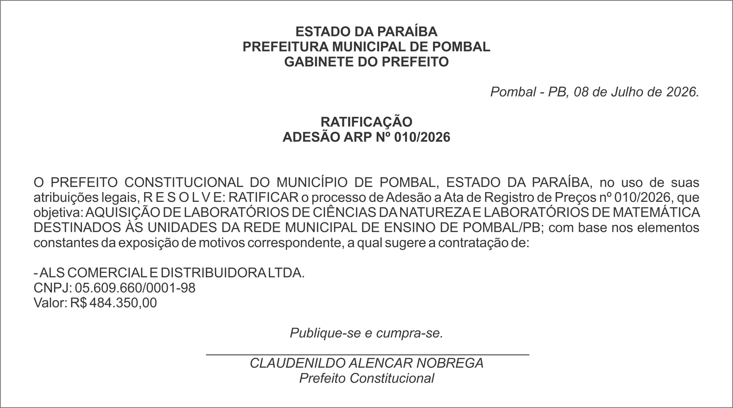 PREFEITURA MUNICIPAL DE POMBAL – RATIFICAÇÃO ADESÃO ARP Nº 010/2026