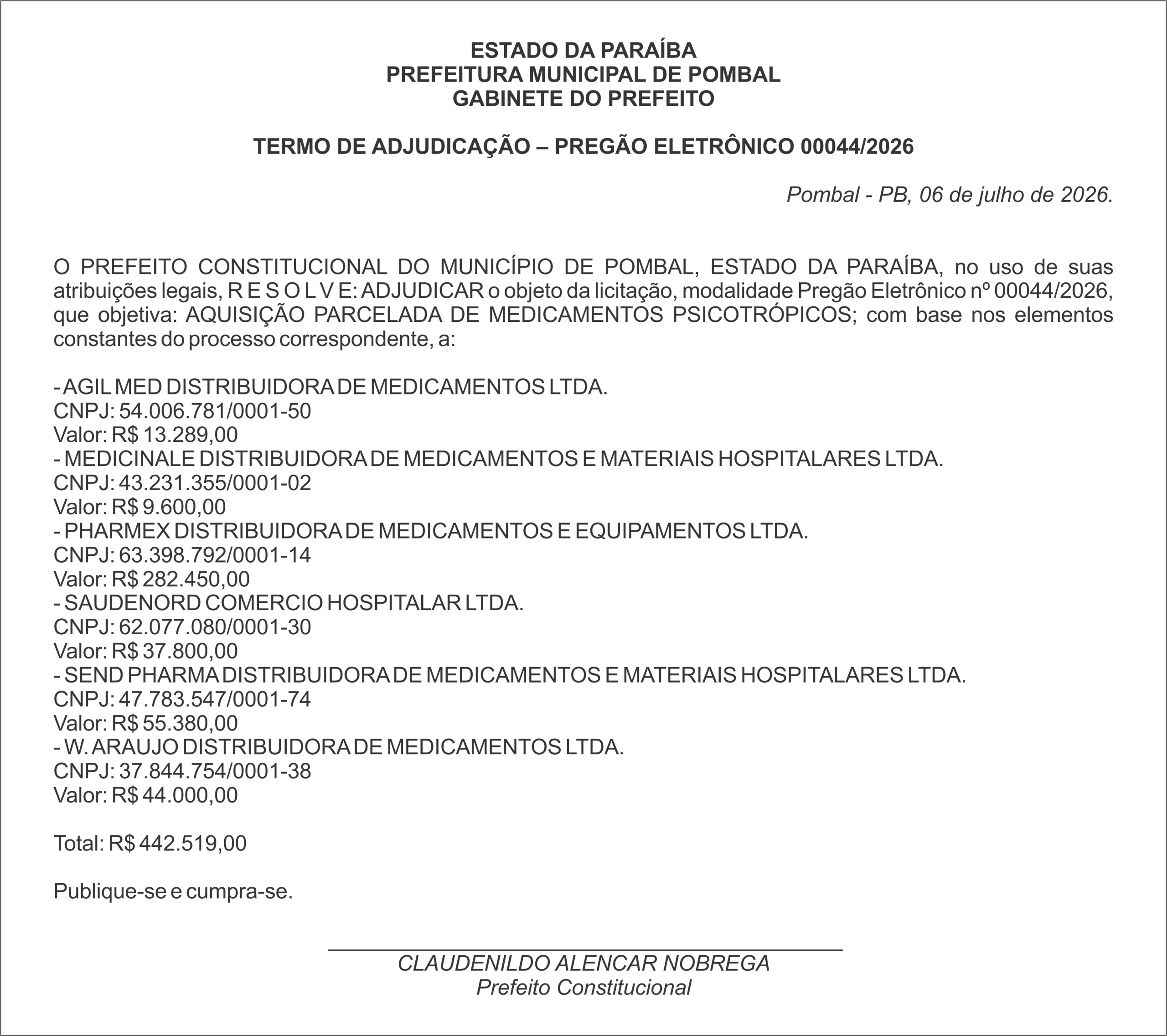 PREFEITURA MUNICIPAL DE POMBAL – TERMO DE ADJUDICAÇÃO – PREGÃO ELETRÔNICO 00044/2026