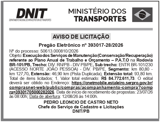 DNIT – PB – JOÃO PESSOA – Aviso de Licitação – Pregão Eletrônico N° 28/2026
