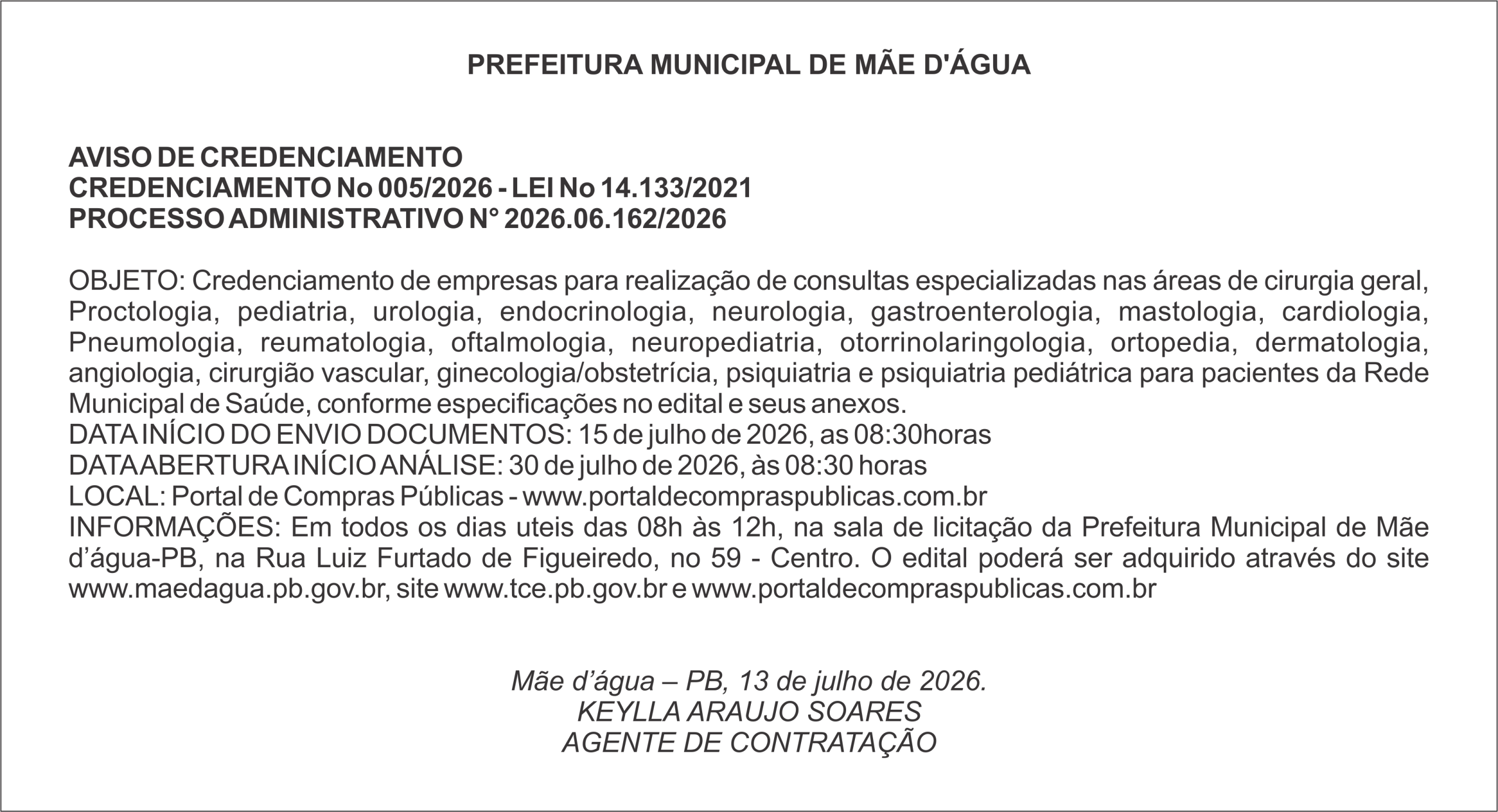 PREFEITURA MUNICIPAL DE MÃE D’ÁGUA – AVISO DE CREDENCIAMENTO – CREDENCIAMENTO No 005/2026