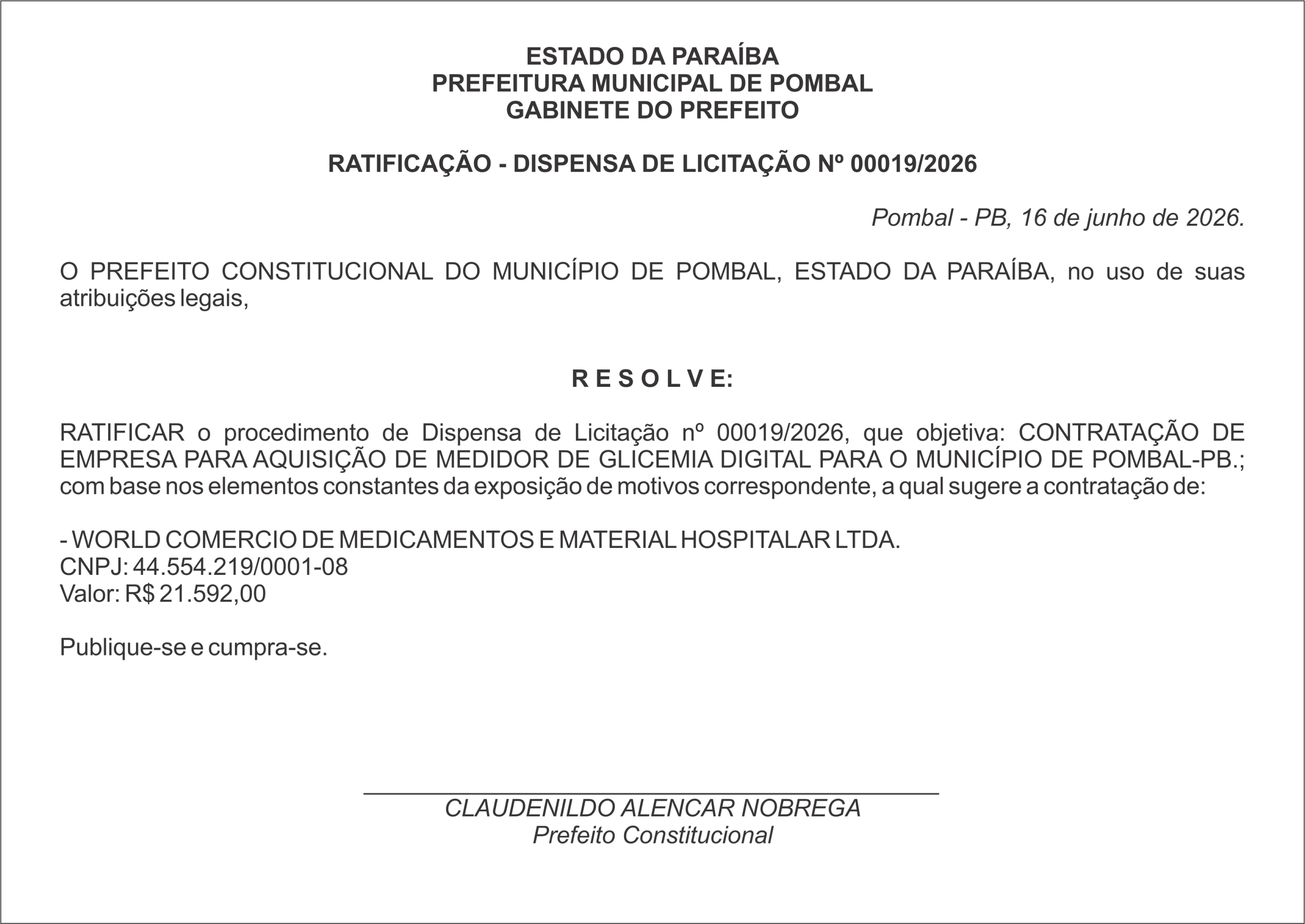 PREFEITURA MUNICIPAL DE POMBAL – RATIFICAÇÃO – DISPENSA DE LICITAÇÃO Nº 00019/2026