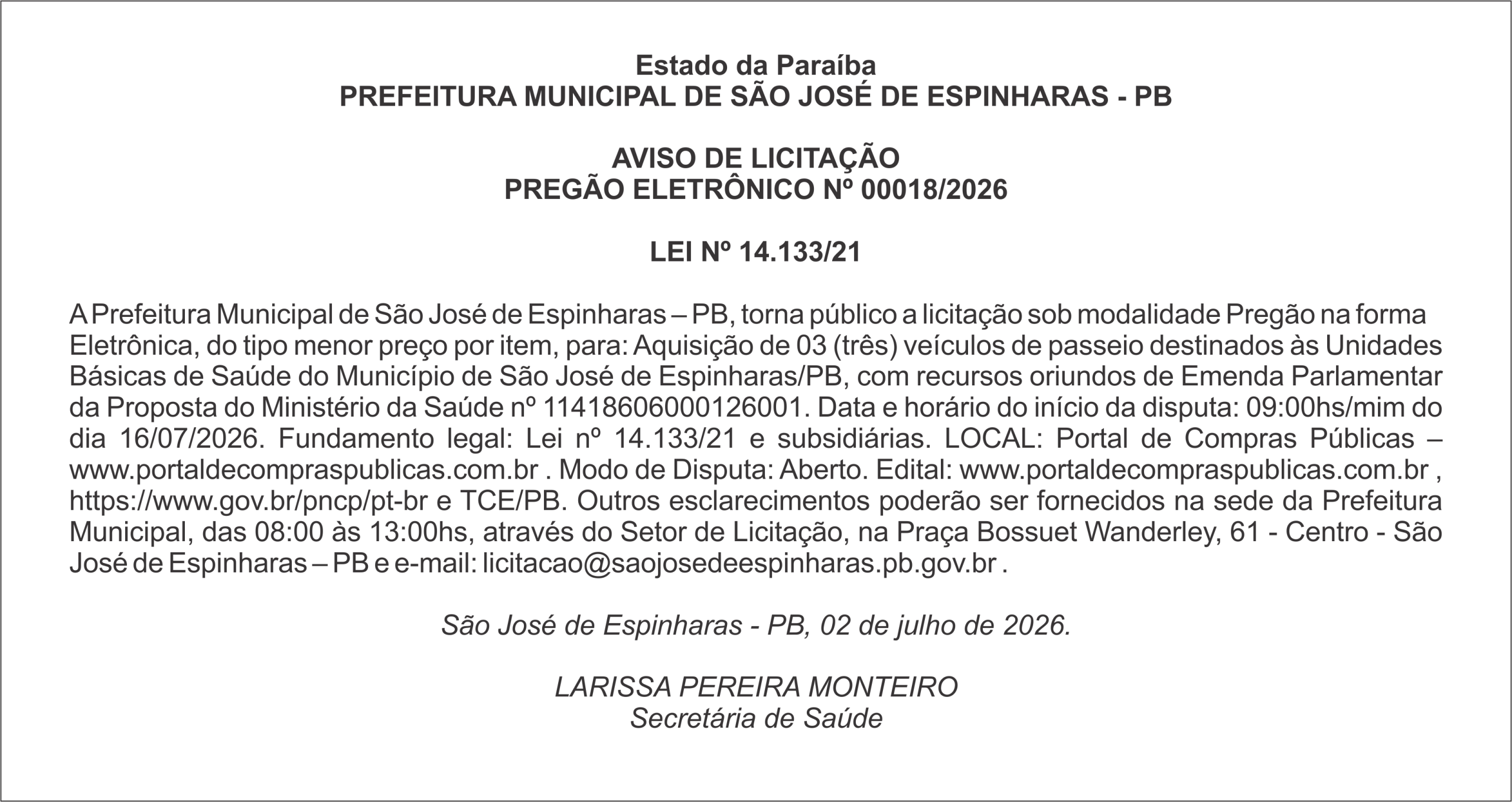 PREFEITURA DE SÃO JOSÉ DE ESPINHARAS – AVISO DE LICITAÇÃO PREGÃO ELETRÔNICO Nº 00018/2026