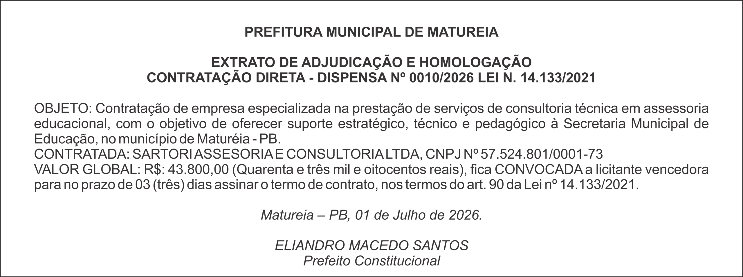 PREFITURA MUNICIPAL DE MATUREIA – EXTRATO DE ADJUDICAÇÃO E HOMOLOGAÇÃO