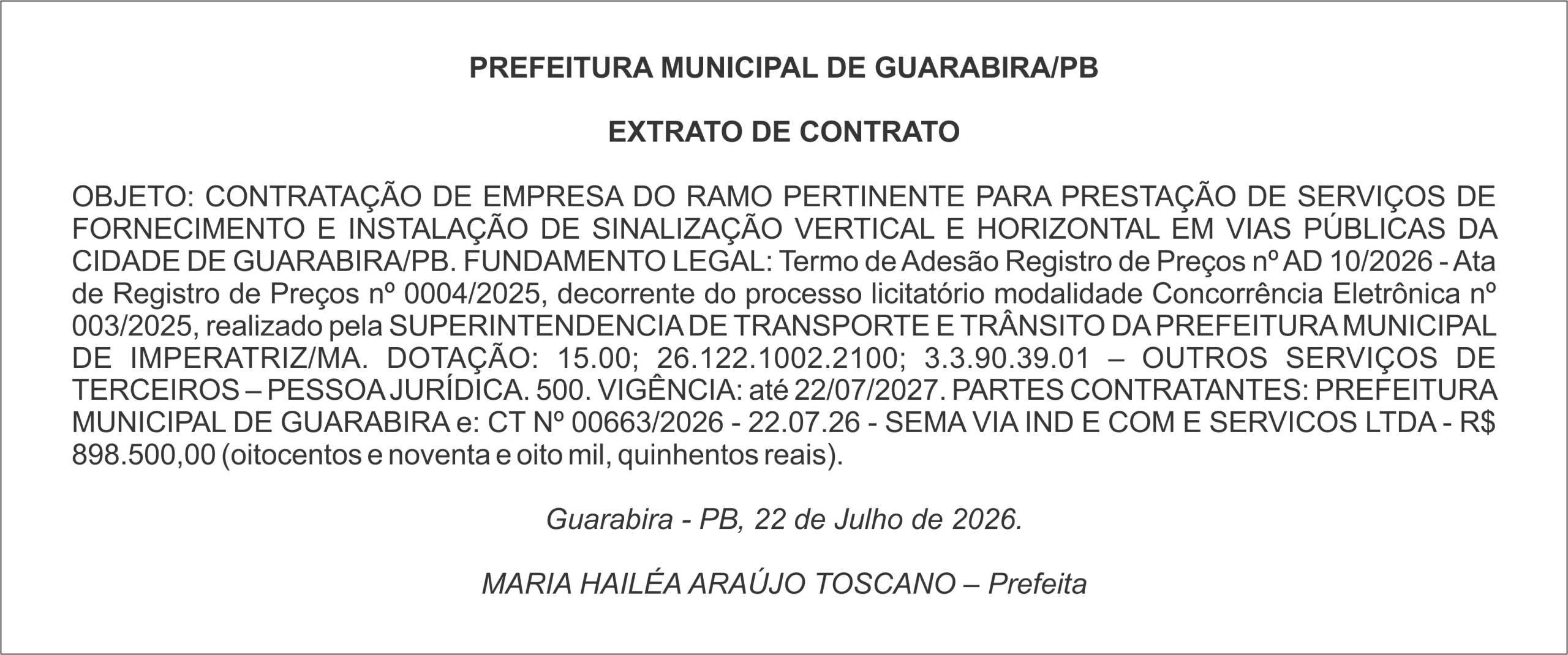 PREFEITURA MUNICIPAL DE GUARABIRA/PB – EXTRATO DE CONTRATO