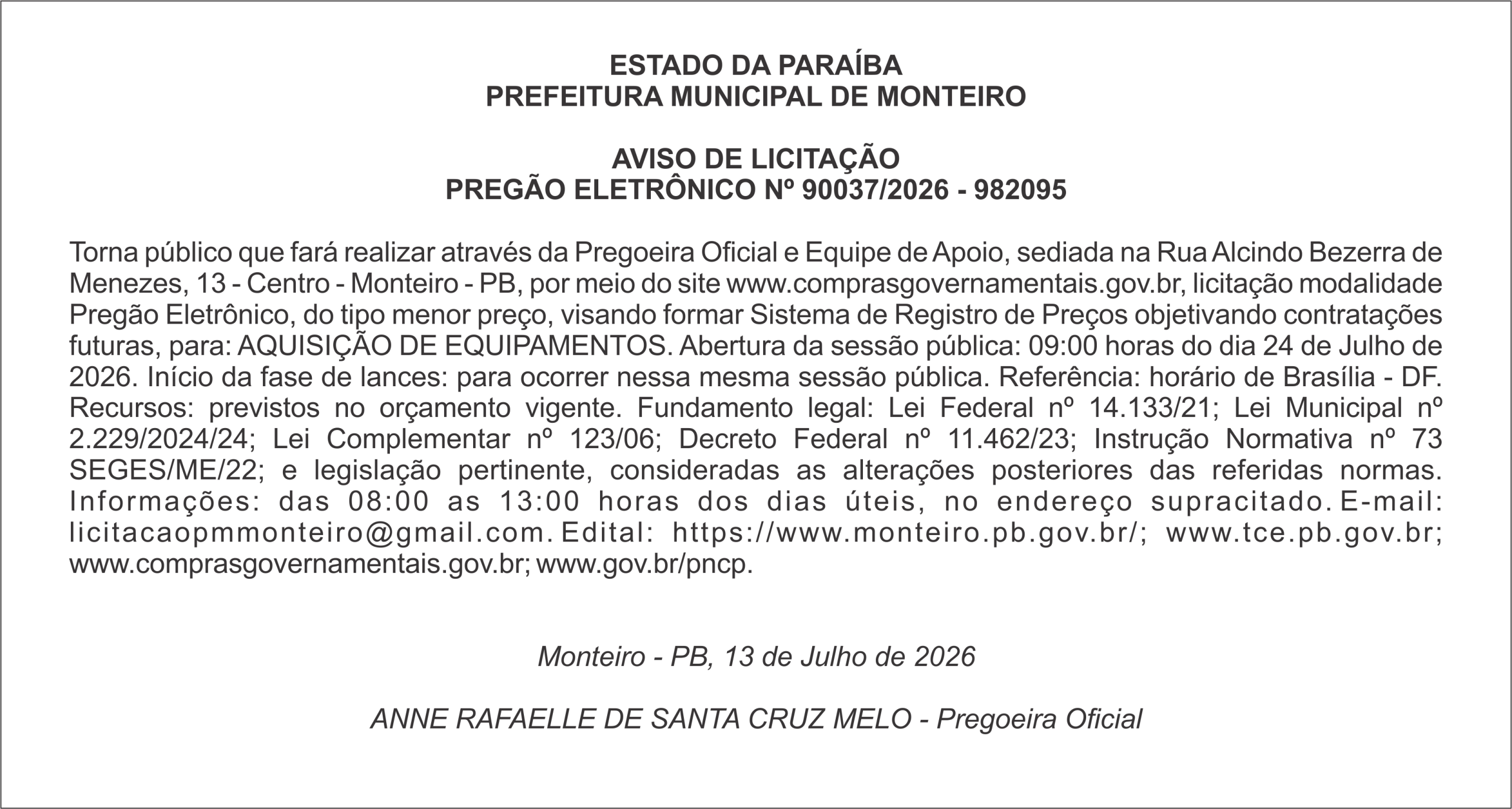 PREFEITURA MUNICIPAL DE MONTEIRO – AVISO DE LICITAÇÃO – PREGÃO ELETRÔNICO Nº 90037/2026 – 982095