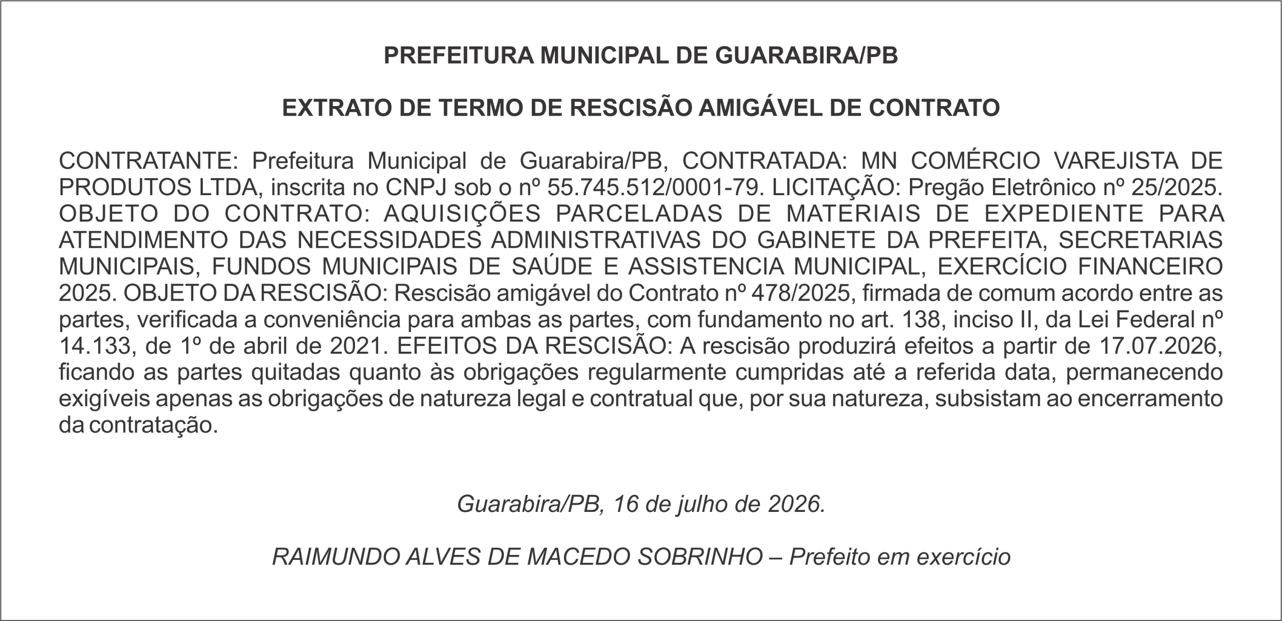 PREFEITURA MUNICIPAL DE GUARABIRA/PB – EXTRATO DE TERMO DE RESCISÃO AMIGÁVEL DE CONTRATO