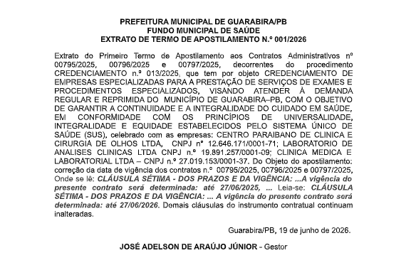 PREFEITURA MUNICIPAL DE GUARABIRA/PB – FUNDO MUNICIPAL DE SAÚDE – EXTRATO DE TERMO DE APOSTILAMENTO N.º 001/2026