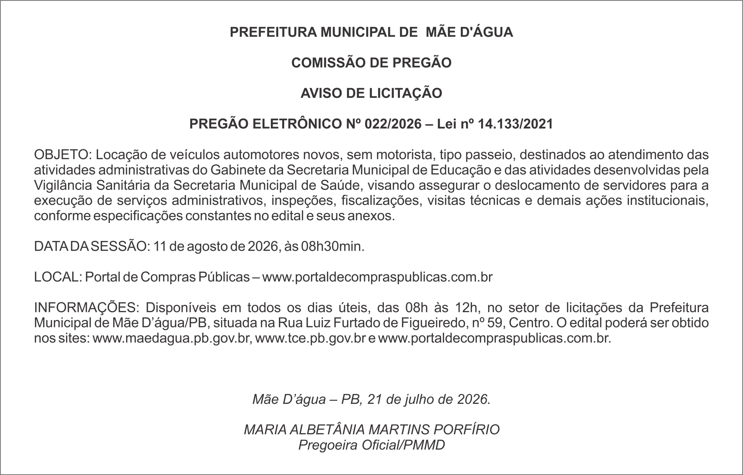 PREFEITURA DE  MÃE D’ÁGUA  – AVISO DE LICITAÇÃO  PREGÃO ELETRÔNICO Nº 022/2026