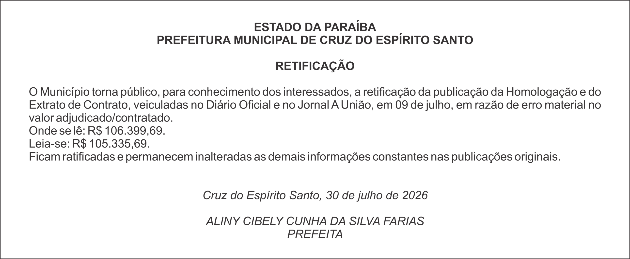 PREFEITURA MUNICIPAL DE CRUZ DO ESPÍRITO SANTO – RETIFICAÇÃO