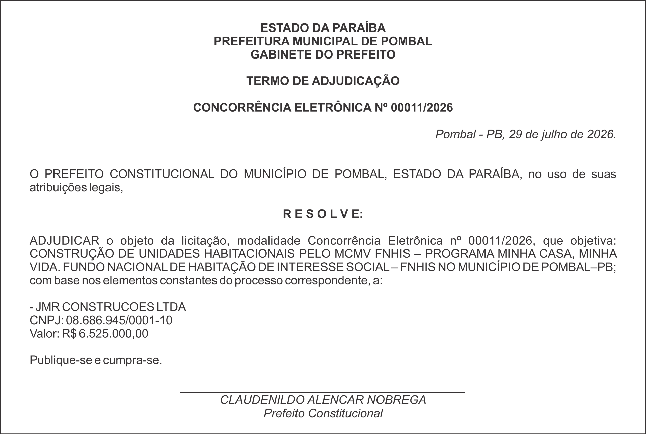 PREFEITURA MUNICIPAL DE POMBAL – TERMO DE ADJUDICAÇÃO – CONCORRÊNCIA ELETRÔNICA Nº 00011/2026
