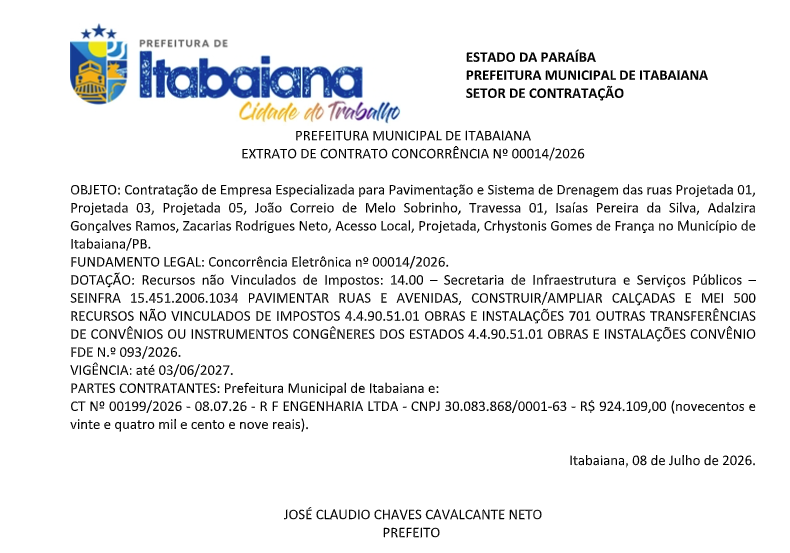 PREFEITURA MUNICIPAL DE ITABAIANA – EXTRATO DE CONTRATO CONCORRÊNCIA Nº 00014/2026