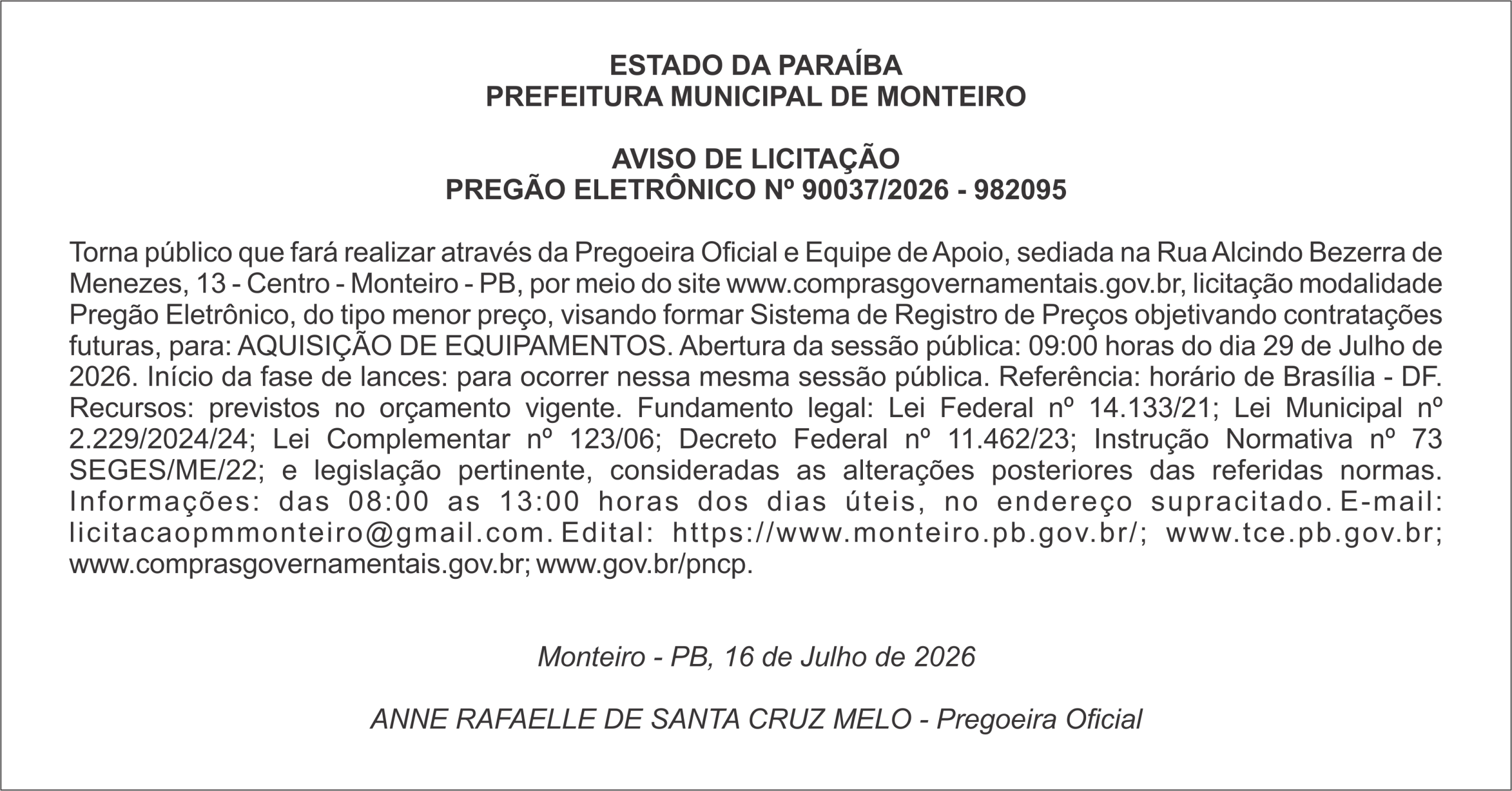 PREFEITURA MUNICIPAL DE MONTEIRO – AVISO DE LICITAÇÃO – PREGÃO ELETRÔNICO Nº 90037/2026 – 982095