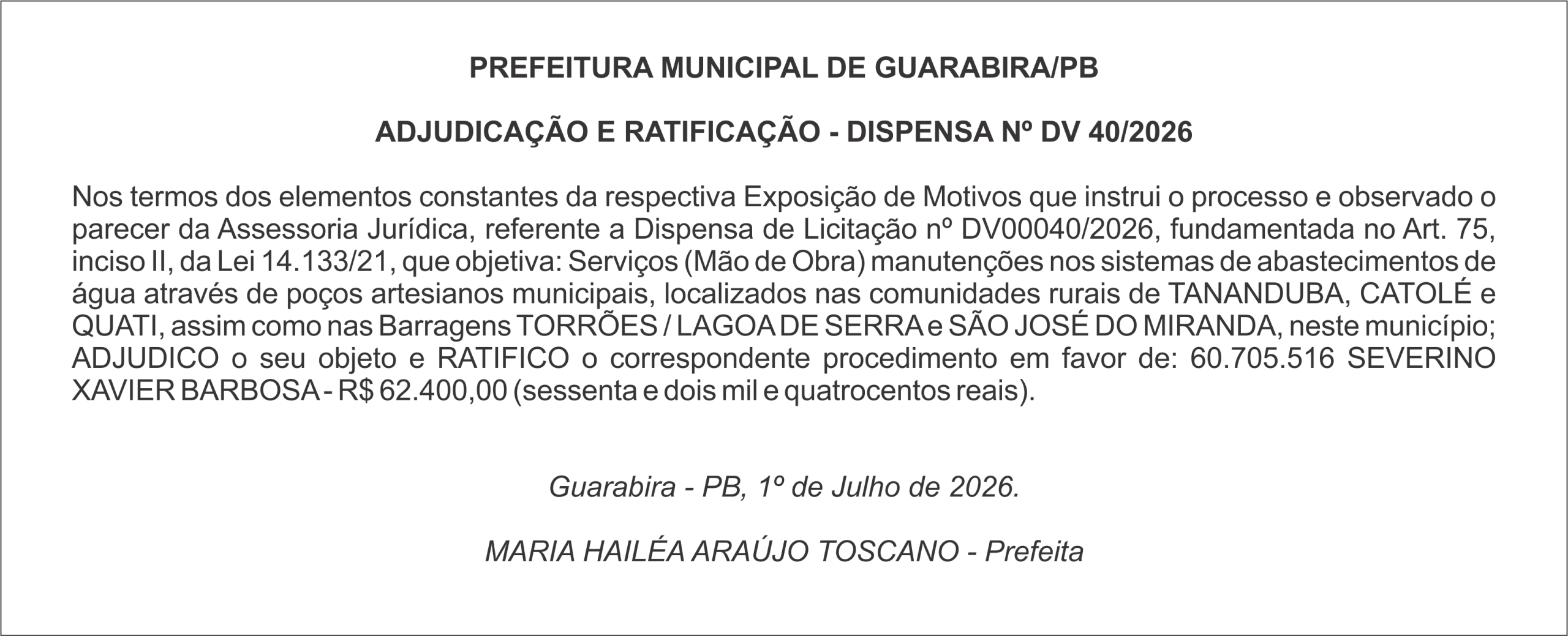 PREFEITURA MUNICIPAL DE GUARABIRA/PB – ADJUDICAÇÃO E RATIFICAÇÃO – DISPENSA Nº DV 40/2026