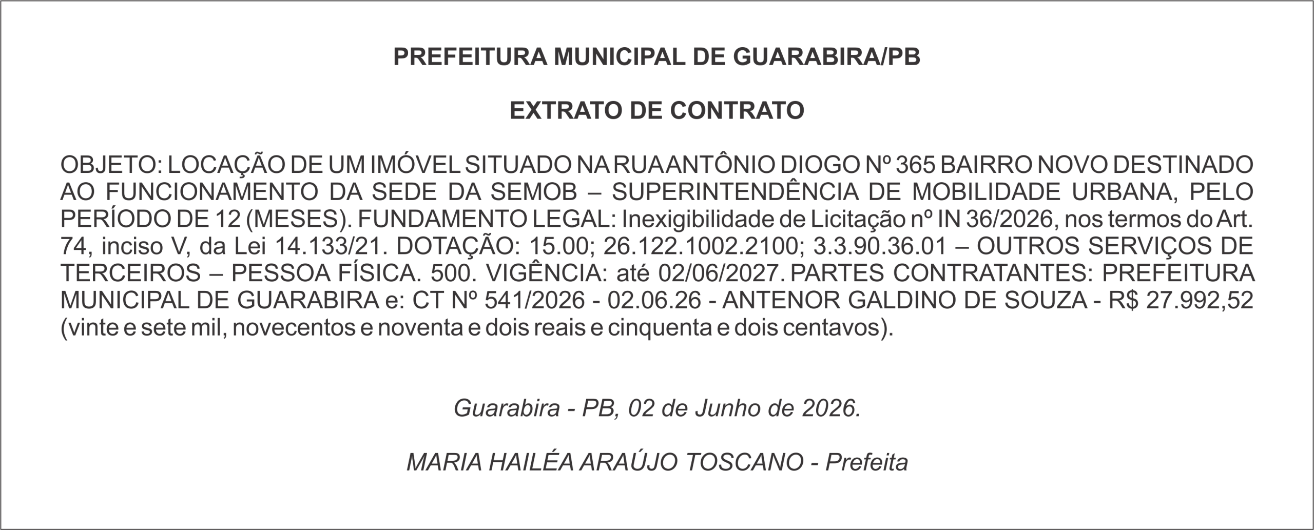 PREFEITURA MUNICIPAL DE GUARABIRA/PB EXTRATO DE CONTRATO