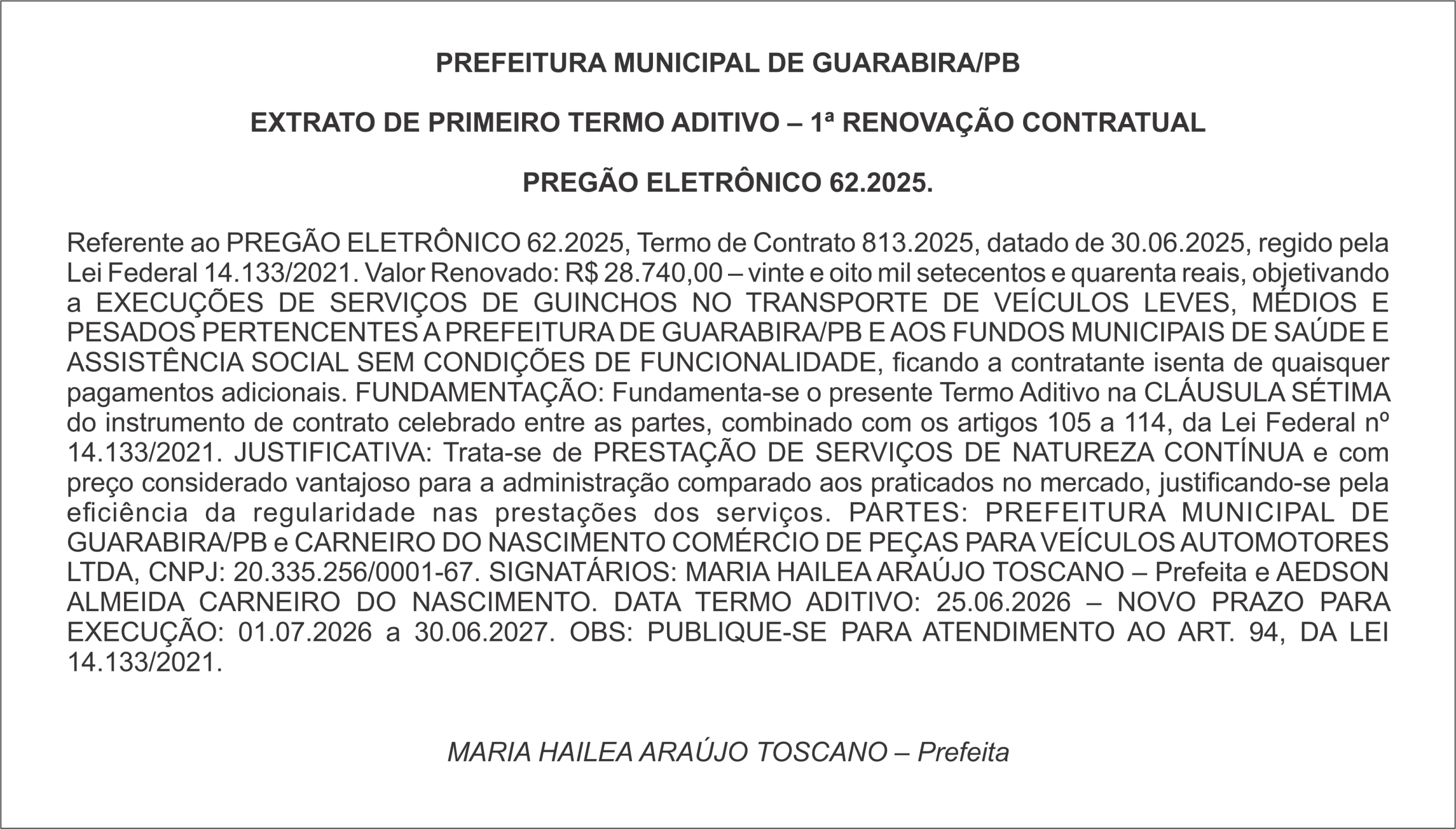 PREFEITURA MUNICIPAL DE GUARABIRA/PB – EXTRATO DE PRIMEIRO TERMO ADITIVO – 1ª RENOVAÇÃO CONTRATUAL – PREGÃO ELETRÔNICO 62.2025.