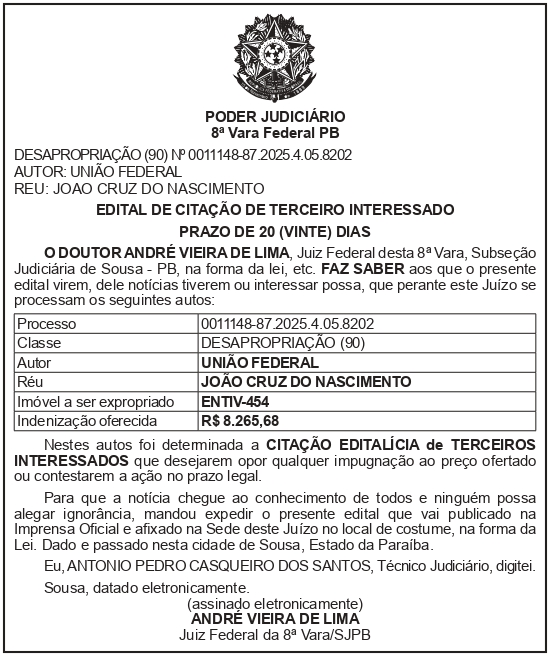 SECRETARIA NACIONAL DE SEGURANÇA HIDRICA – SNSH – MDR – DF – BRASÍLIA – Edital de Citação de Terceiro Interessado – ENTIV-454 (JOÃO CRUZ DO NASCIMENTO)
