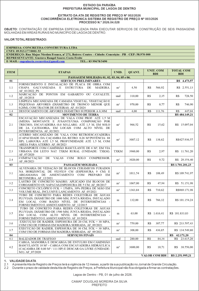 PREFEITURA MUNICIPAL DE LAGOA DE DENTRO – EXTRATO DA ATA DE REGISTRO DE PREÇO Nº 002/2026 – CONCORRÊNCIA ELETRONICA Nº 003/2026