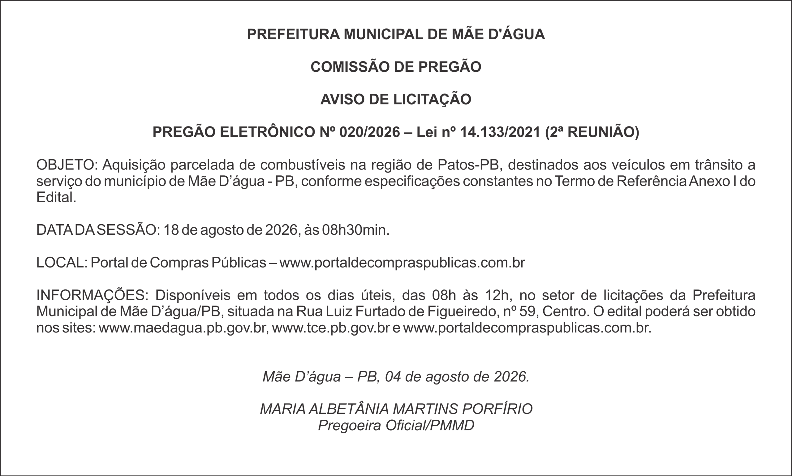 PREFEITURA DE MÃE D’ÁGUA – AVISO DE LICITAÇÃO – PREGÃO ELETRÔNICO Nº 020/2026