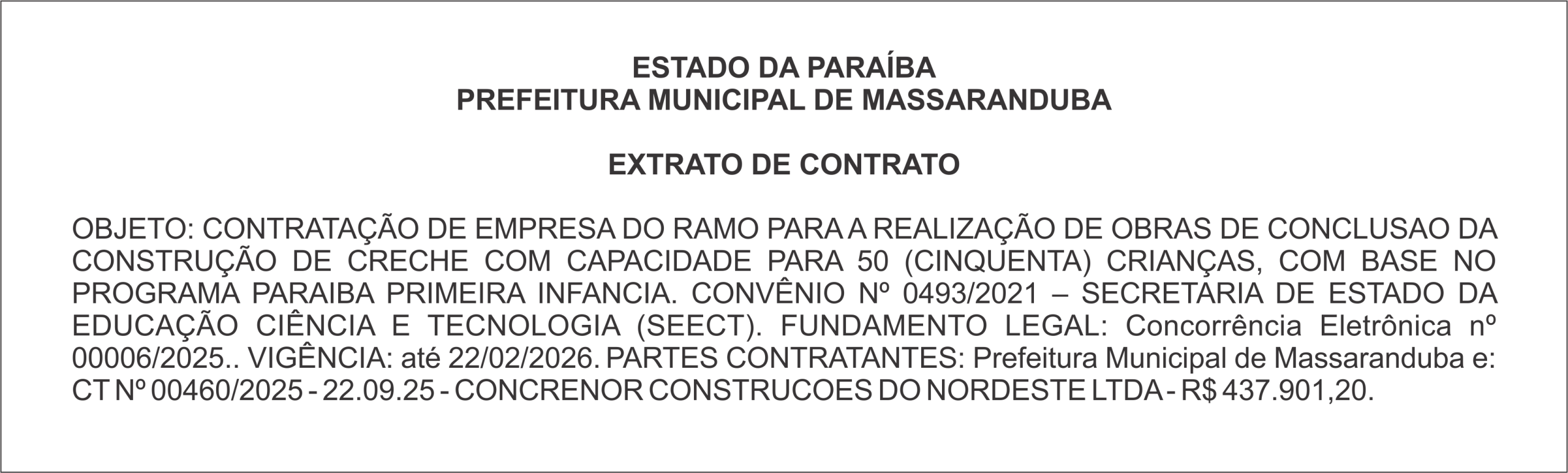 PREFEITURA MUNICIPAL DE MASSARANDUBA – EXTRATO DE CONTRATO