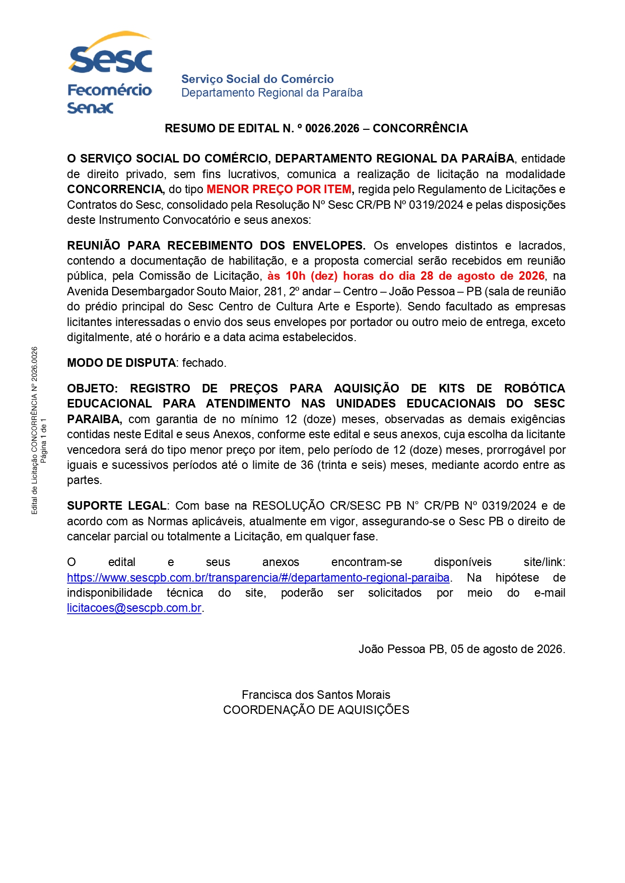 SESC – RESUMO DE EDITAL N. o 0026.2026 – CONCORRÊNCIA