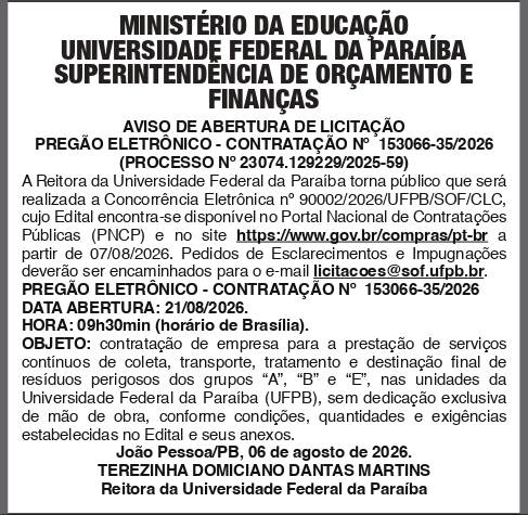 UNIVERSIDADE FEDERAL DA PARAIBA – PREGÃO ELETRÔNICO – CONTRATAÇÃO N ° 35/2026
