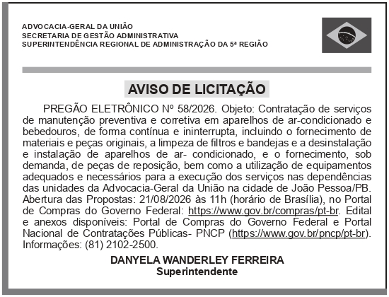 AGU – DF – CGEP/DGEP/SGA – BRASÍLIA – AVISO DE LICITAÇÃO – PREGÃO ELETRÔNICO N° 58/2026