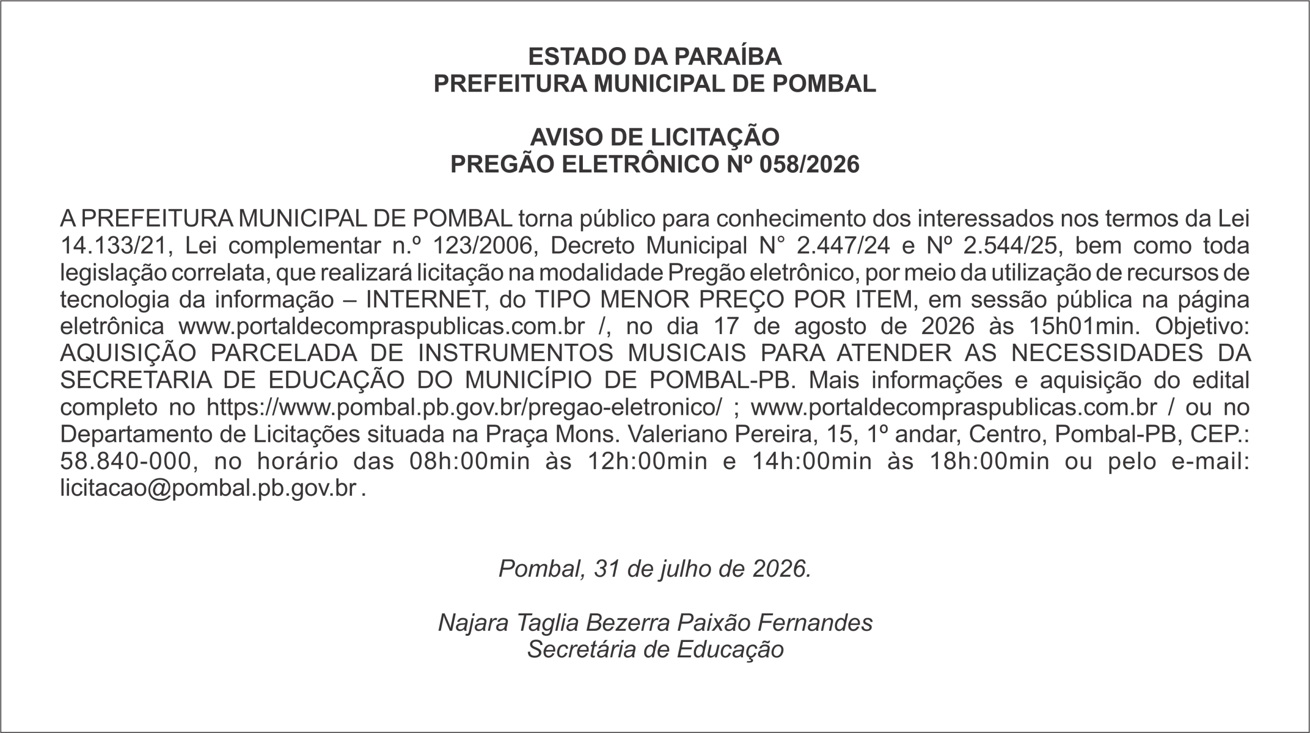 PREFEITURA MUNICIPAL DE POMBAL – AVISO DE LICITAÇÃO PREGÃO ELETRÔNICO Nº 058/2026