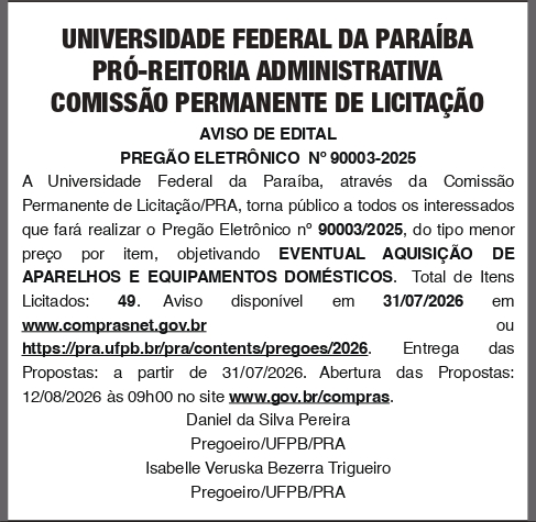 UNIVERSIDADE FEDERAL DA PARAIBA – PREGÃO ELETRÔNICO No 90003/2025