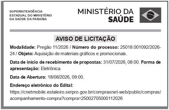 SEMS – PB – JOÃO PESSOA – Pregão Eletrônico No 11/2026 (material gráfico e promocional)