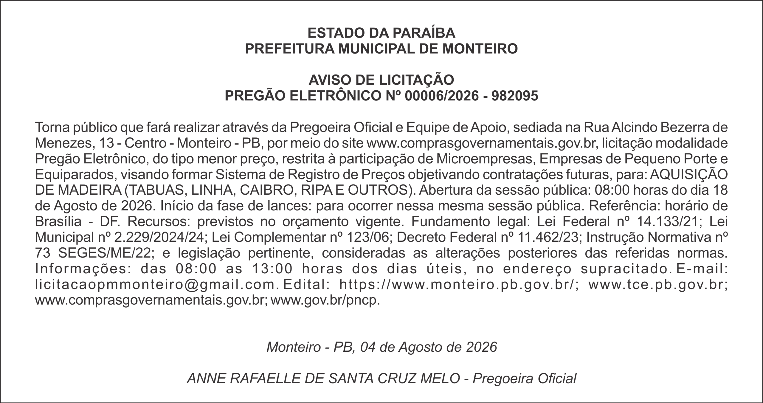 PREFEITURA MUNICIPAL DE MONTEIRO – AVISO DE LICITAÇÃO PREGÃO ELETRÔNICO Nº 00006/2026 – 982095