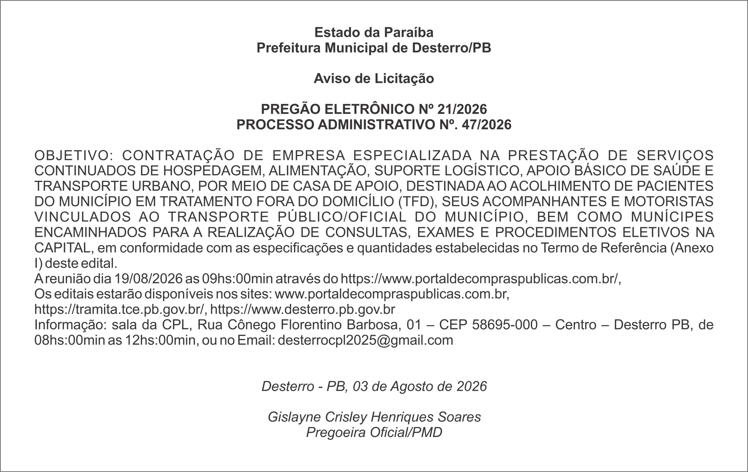 Prefeitura Municipal de Desterro/PB – Aviso de Licitação – PREGÃO ELETRÔNICO Nº 21/2026