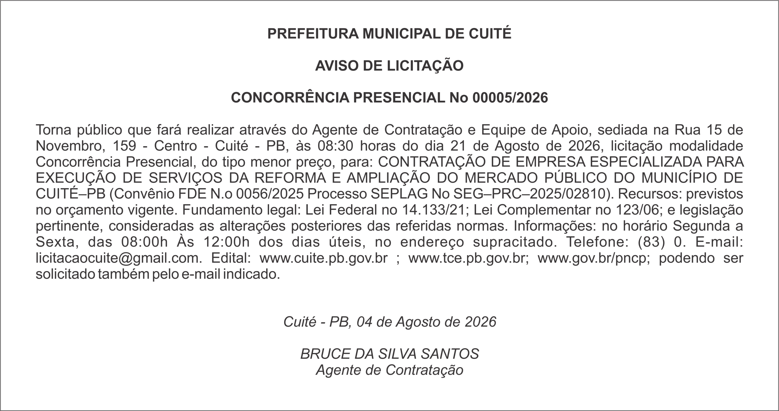 PREFEITURA MUNICIPAL DE CUITÉ – AVISO DE LICITAÇÃO  CONCORRÊNCIA PRESENCIAL No 00005/2026