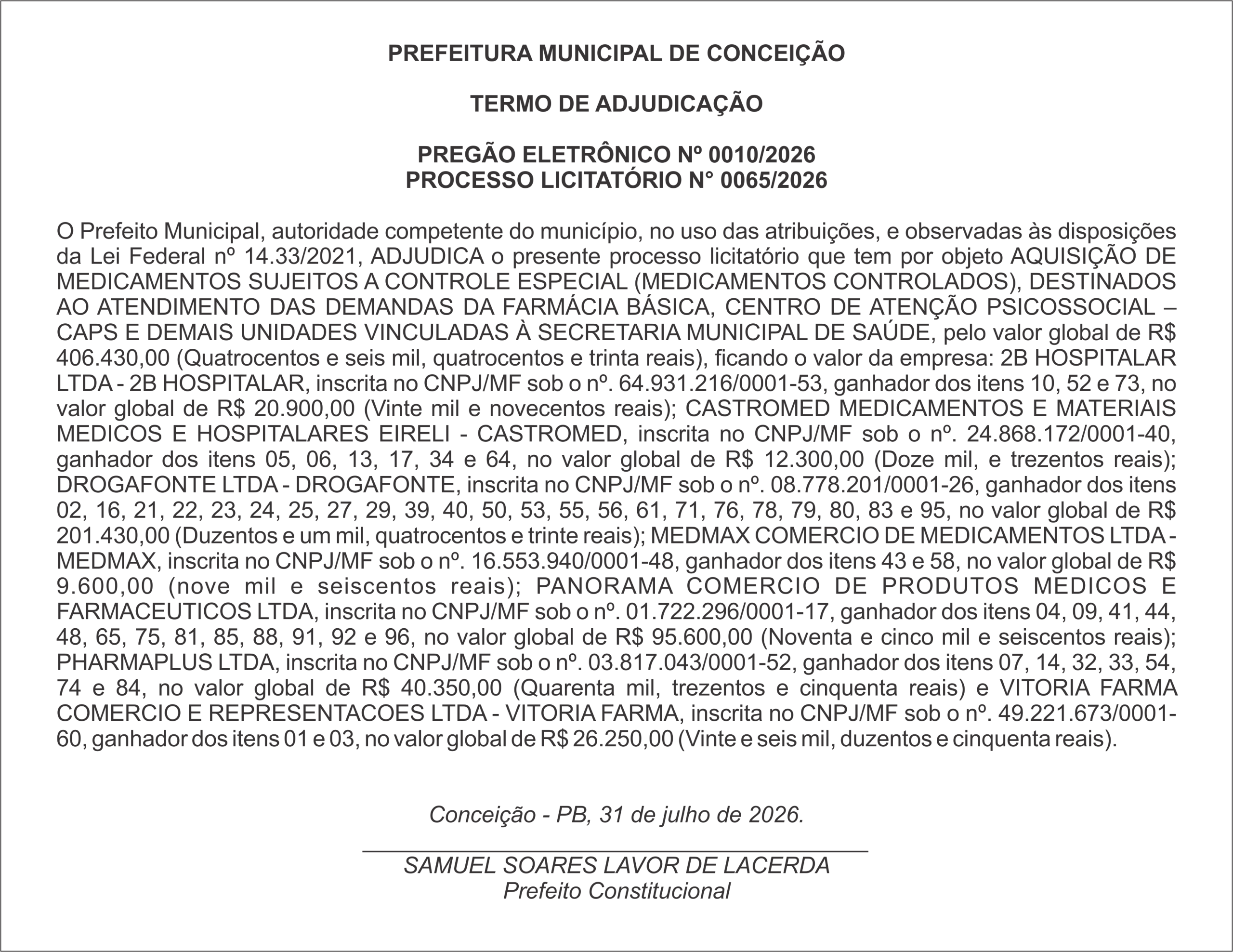 PREFEITURA DE CONCEIÇÃO – TERMO DE ADJUDICAÇÃO