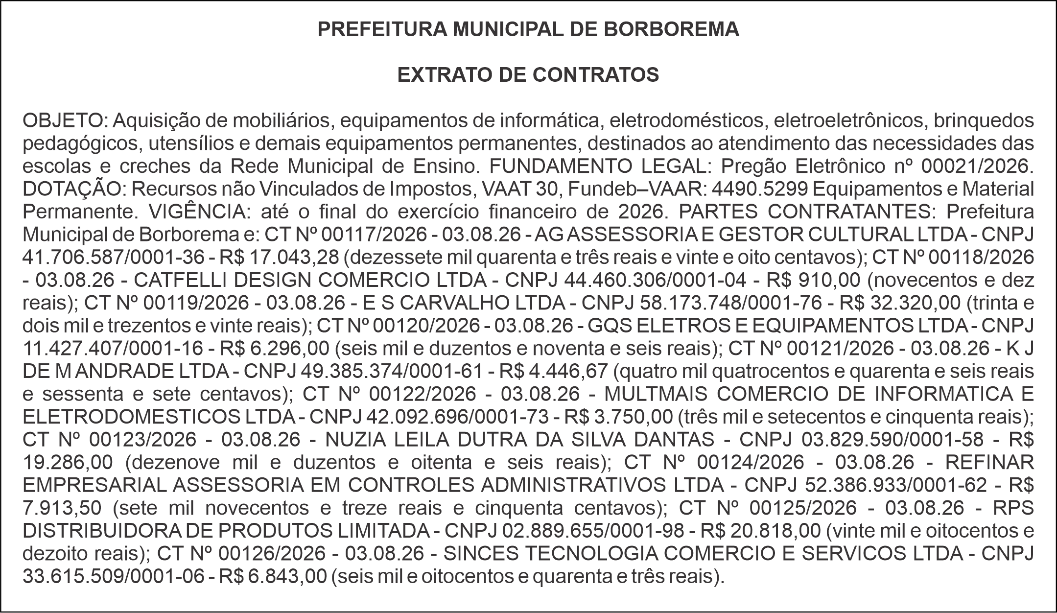 PREFEITURA MUNICIPAL DE BORBOREMA EXTRATO DE CONTRATOS