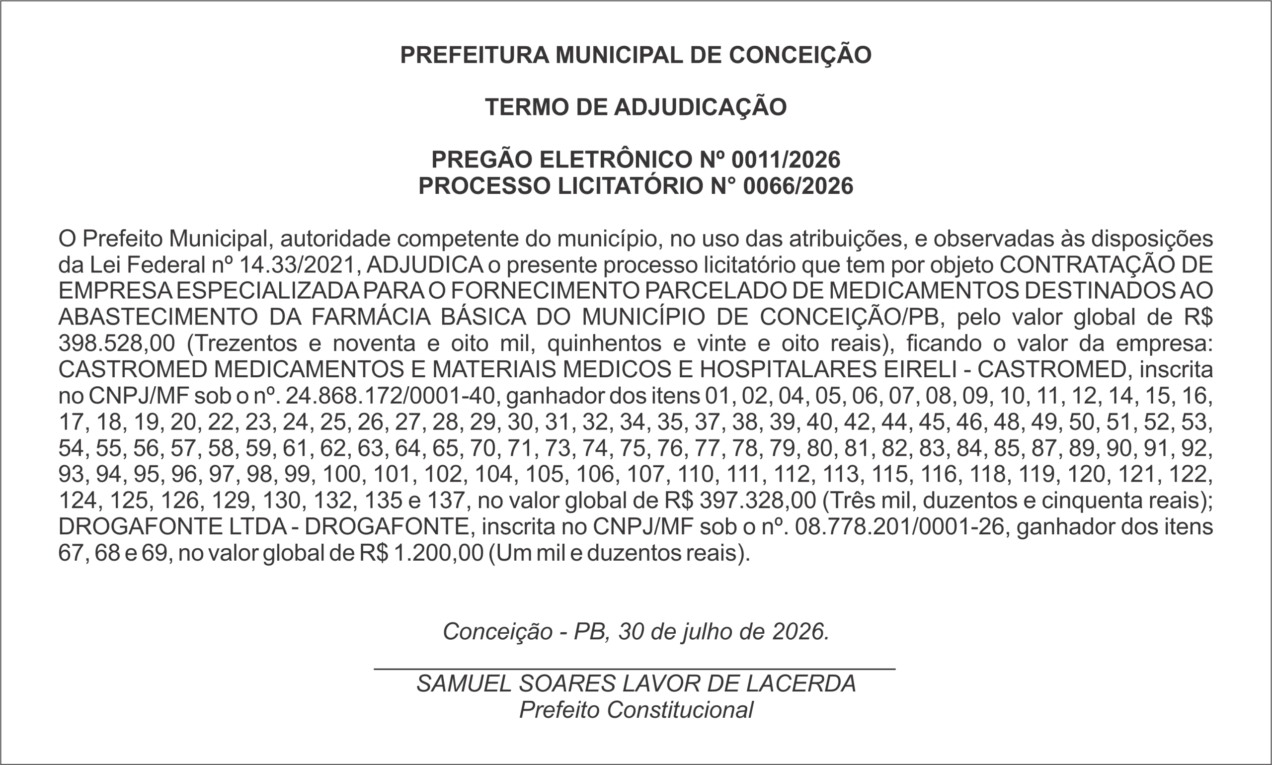 PREFEITURA DE CONCEIÇÃO – TERMO DE ADJUDICAÇÃO