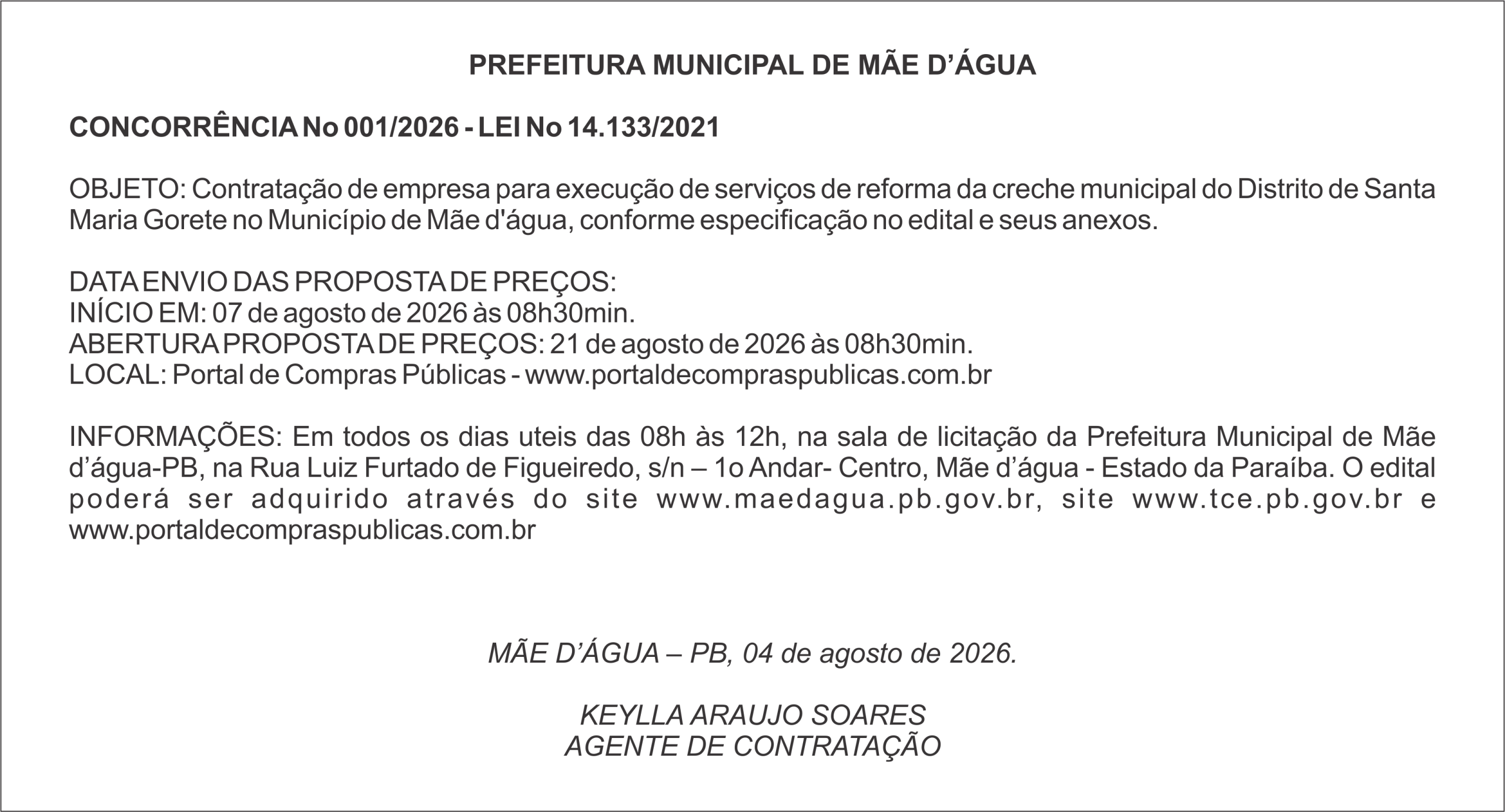 PREFEITURA MUNICIPAL DE MÃE D’ÁGUA – CONCORRÊNCIA No 001/2026