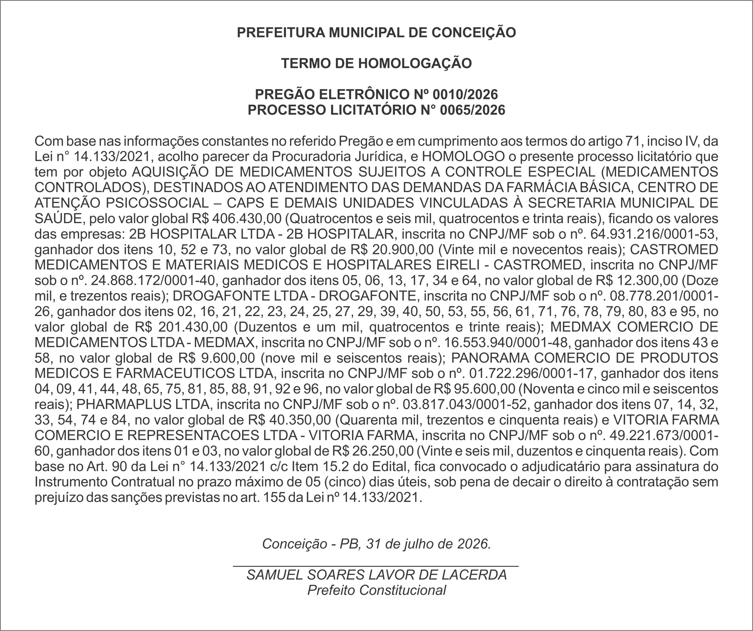 PREFEITURA DE CONCEIÇÃO – TERMO DE HOMOLOGAÇÃO