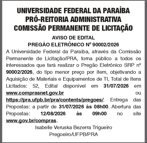 UNIVERSIDADE FEDERAL DA PARAIBA – PREGÃO ELETRÔNICO No 90002/2026