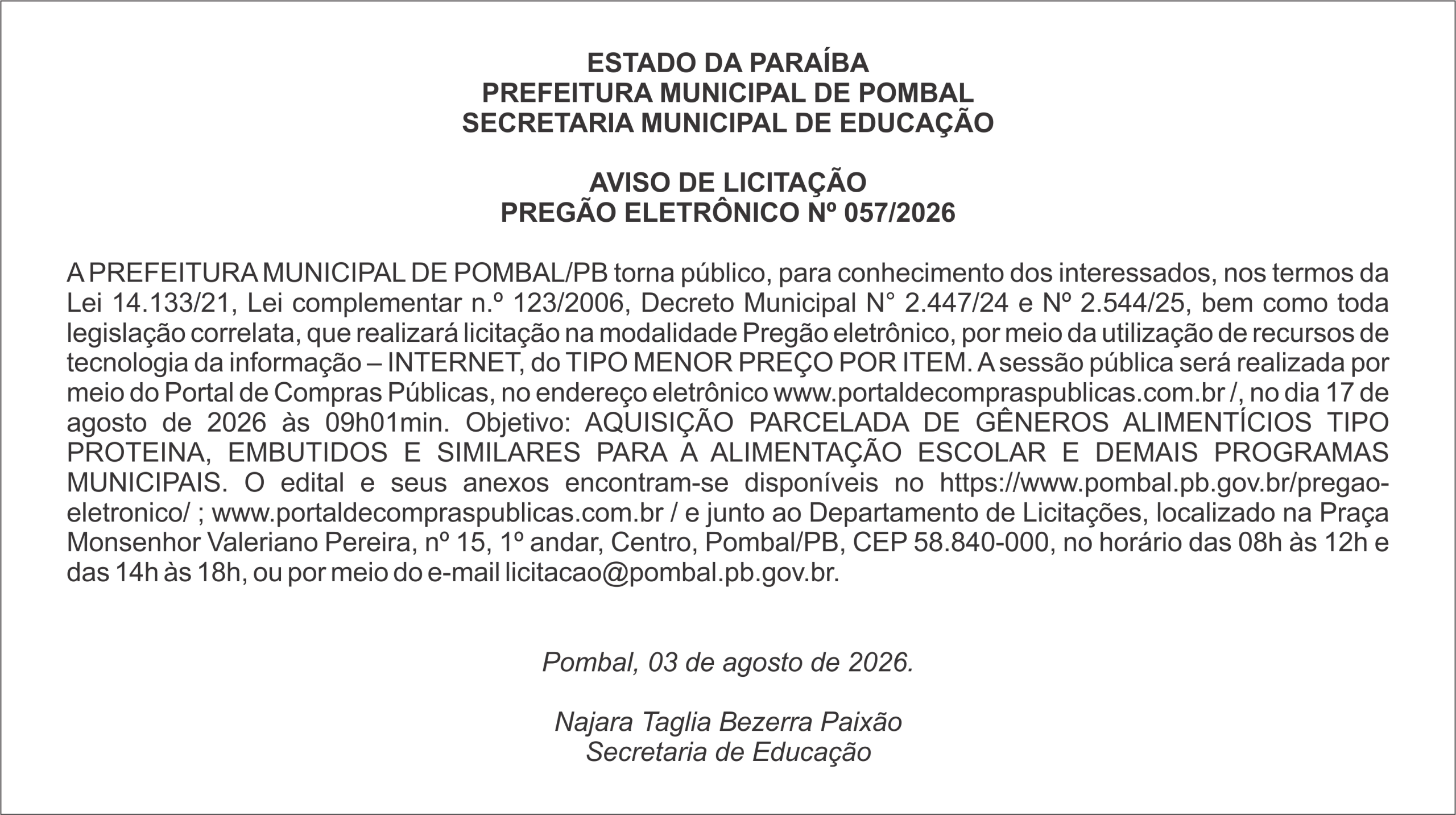 PREFEITURA MUNICIPAL DE POMBAL – AVISO DE LICITAÇÃO PREGÃO ELETRÔNICO Nº 057/2026