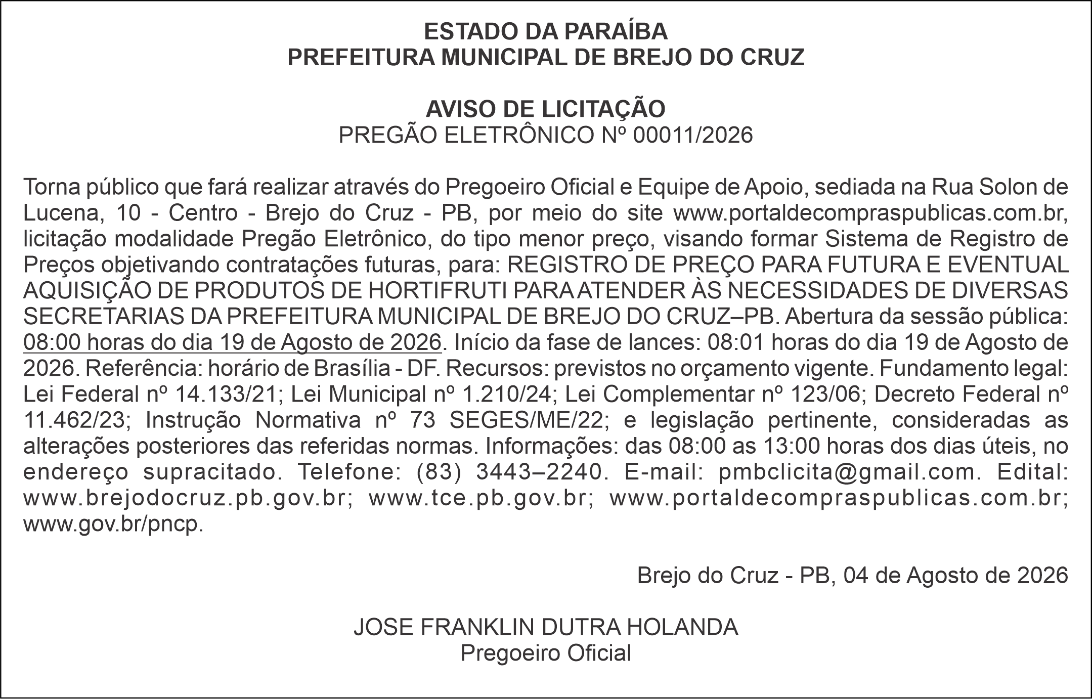 PREFEITURA MUNICIPAL DE BREJO DO CRUZ – AVISO DE LICITAÇÃO – PREGÃO ELETRÔNICO Nº 00011/2026