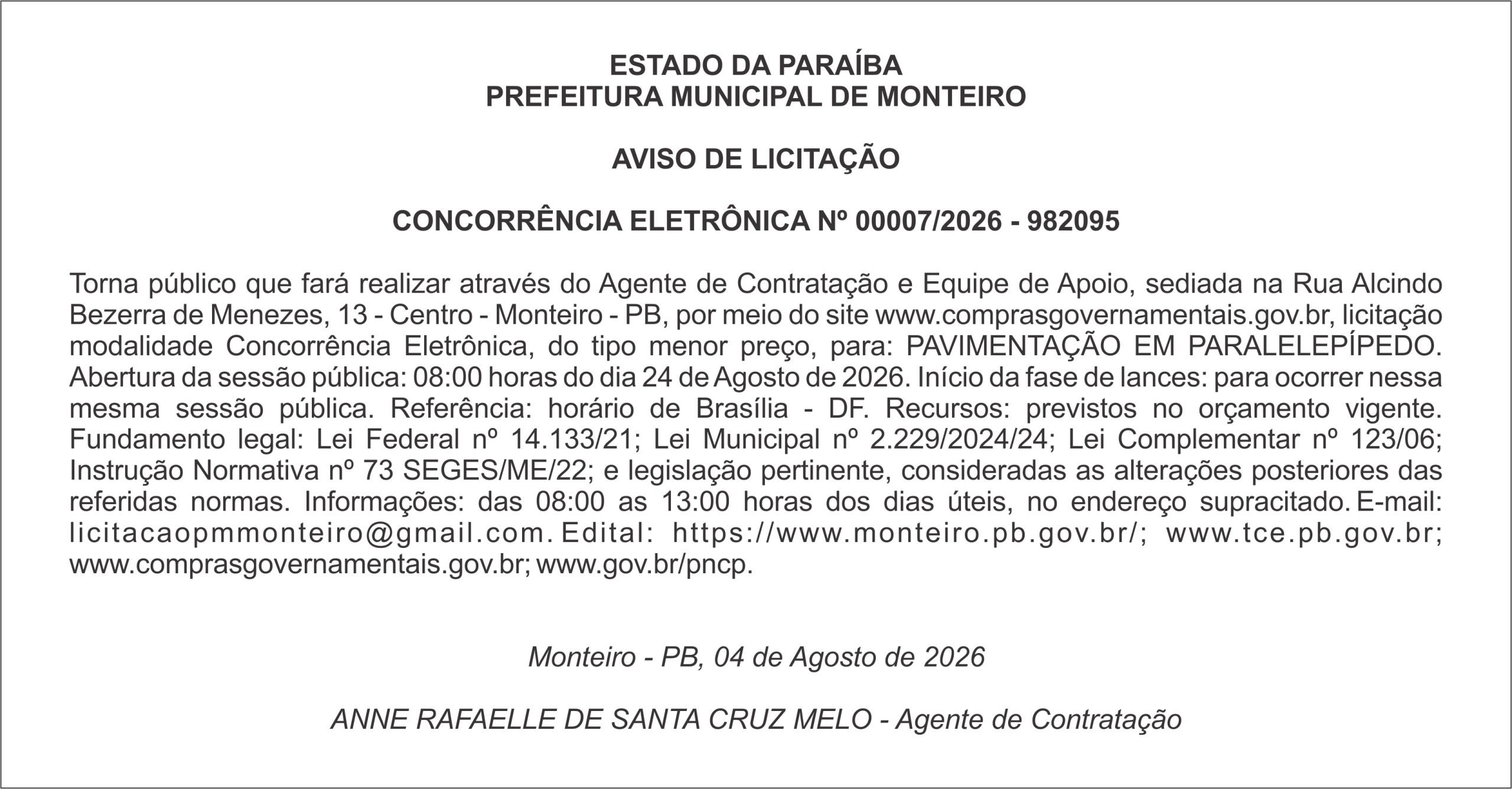 PREFEITURA MUNICIPAL DE MONTEIRO – AVISO DE LICITAÇÃO  CONCORRÊNCIA ELETRÔNICA Nº 00007/2026 – 982095
