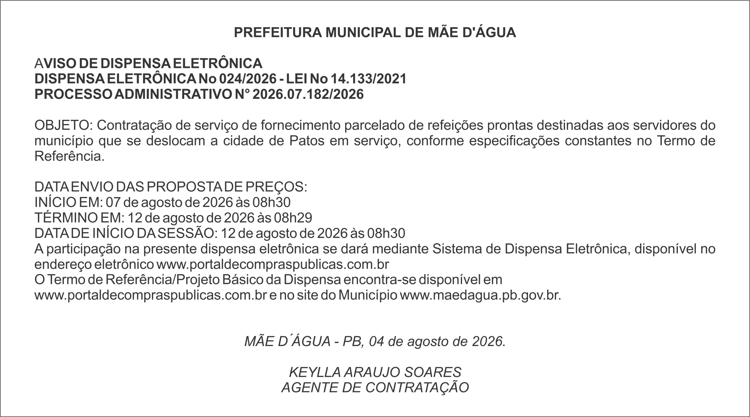 PREFEITURA DE MÃE D’ÁGUA – AVISO DE DISPENSA ELETRÔNICA