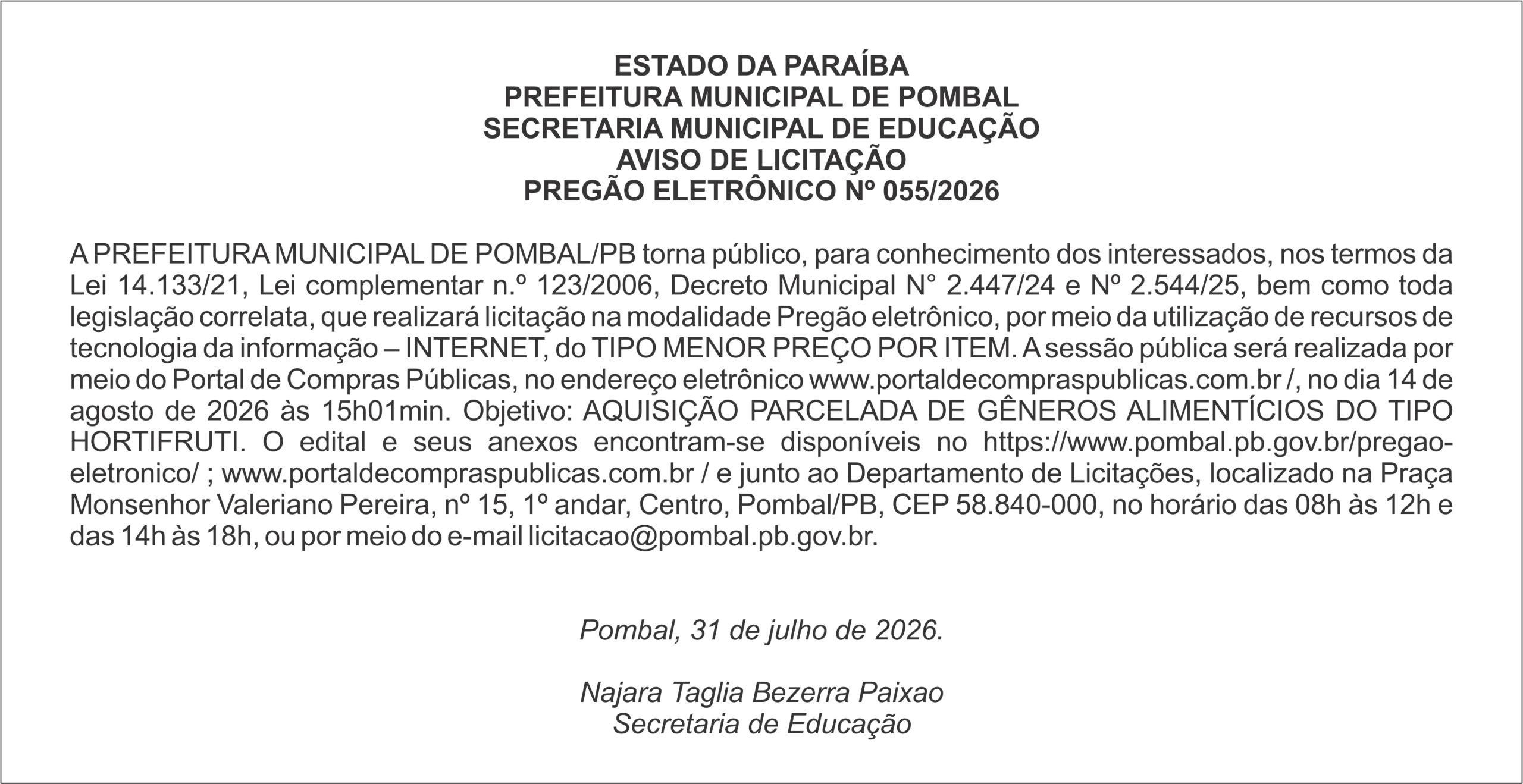 PREFEITURA MUNICIPAL DE POMBAL – AVISO DE LICITAÇÃO PREGÃO ELETRÔNICO Nº 055/2026