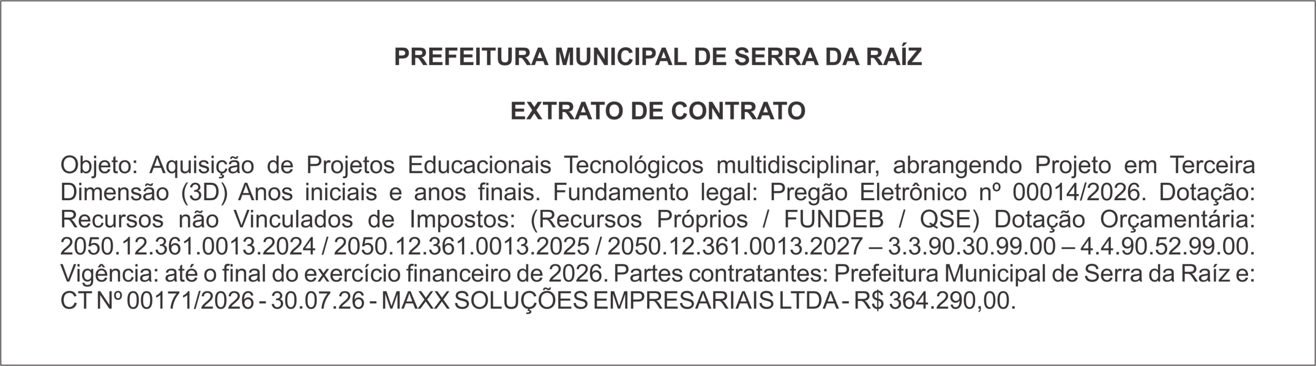 PREFEITURA MUNICIPAL DE SERRA DA RAÍZ – EXTRATO DE CONTRATO