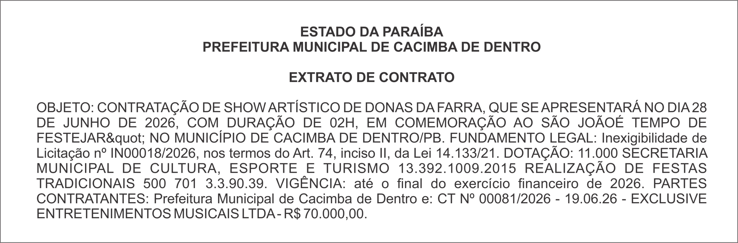 PREFEITURA MUNICIPAL DE CACIMBA DE DENTRO – EXTRATO DE CONTRATO
