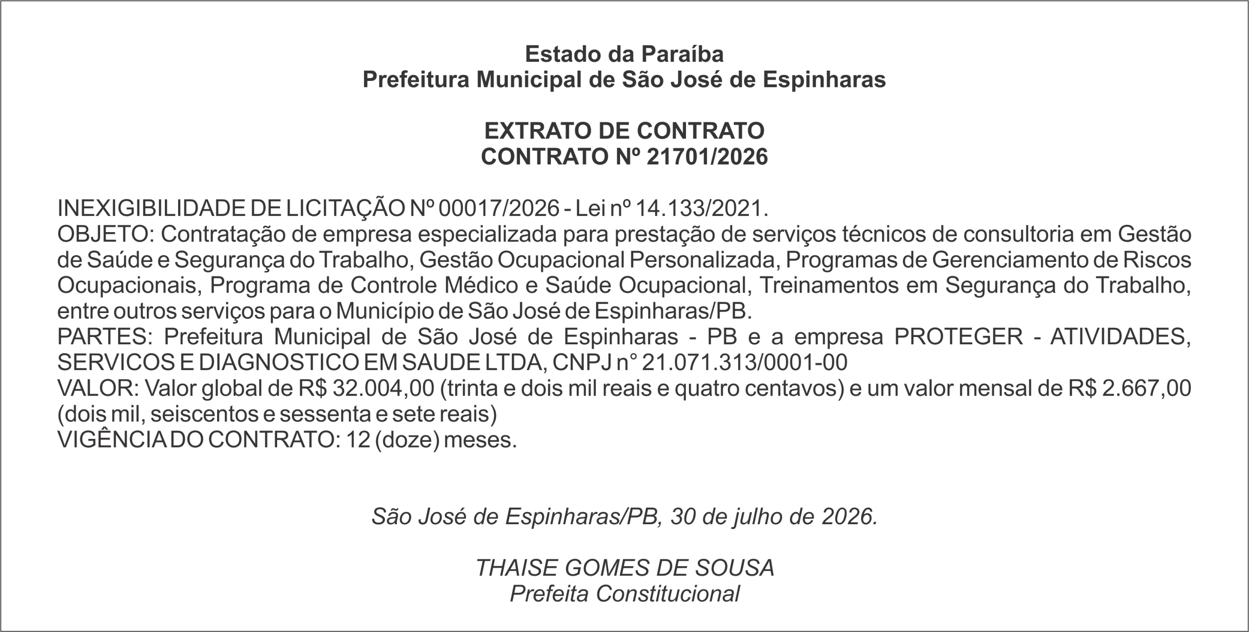 PREFEITURA DE SÃO JOSÉ DE ESPINHARAS – EXTRATO DE CONTRATO