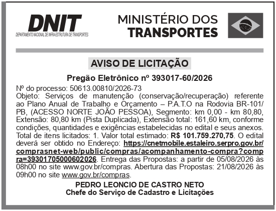 DNIT – PB – JOÃO PESSOA – Aviso de Licitação – Pregão Eletrônico N° 60/2026