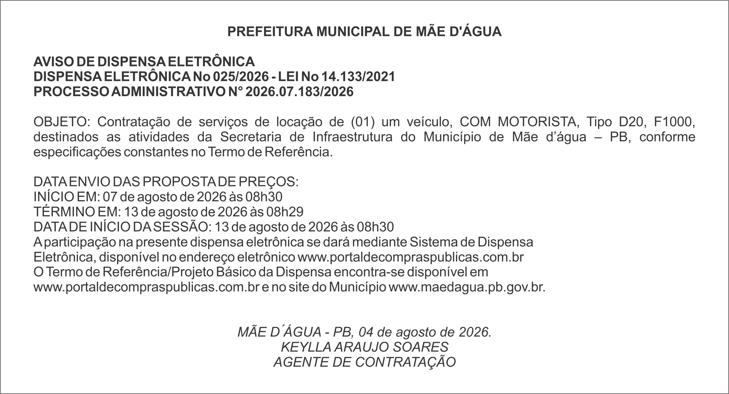 PREFEITURA DE MÃE D’ÁGUA – AVISO DE DISPENSA ELETRÔNICA