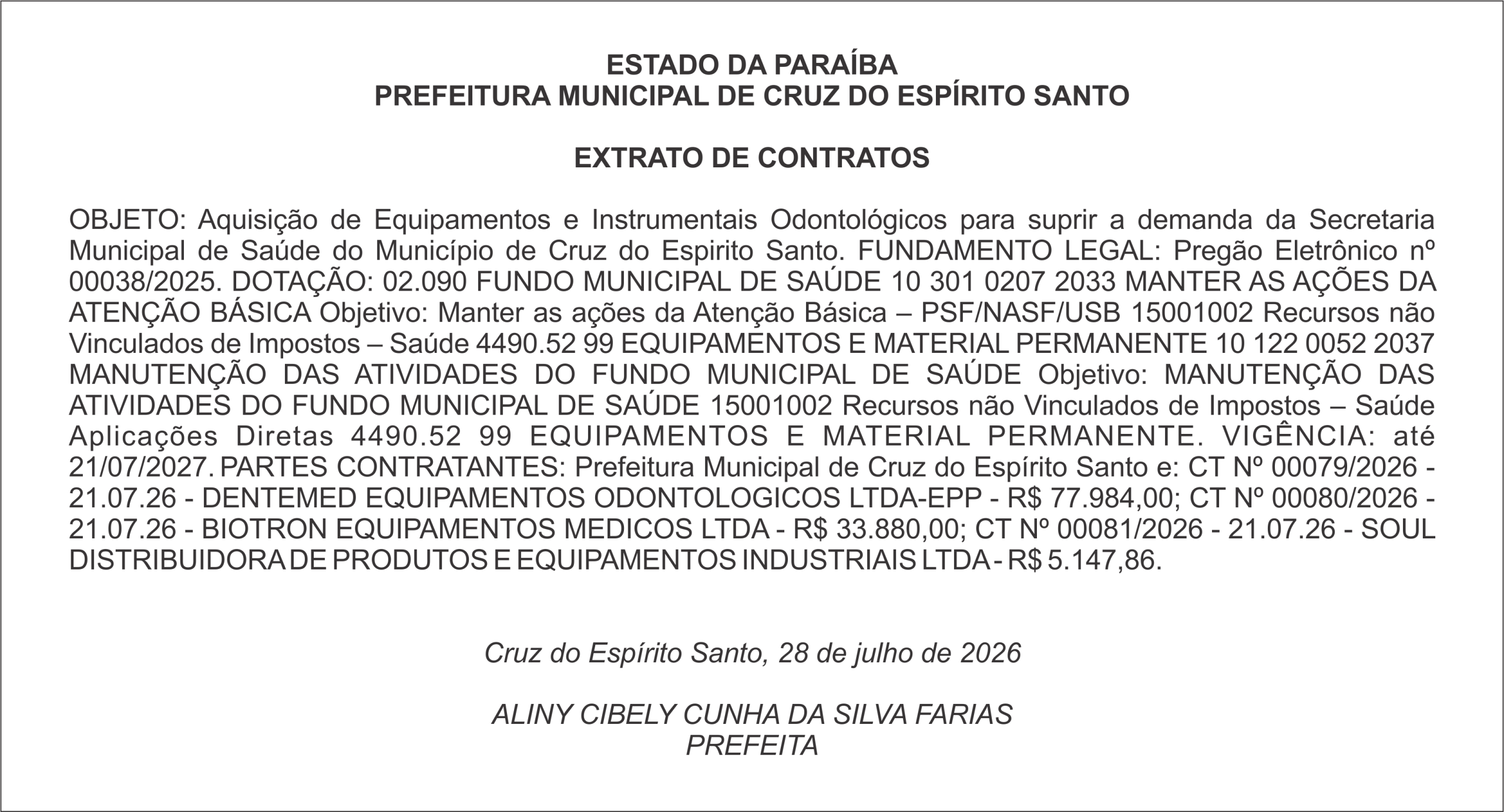 PREFEITURA MUNICIPAL DE CRUZ DO ESPÍRITO SANTO – EXTRATO DE CONTRATOS